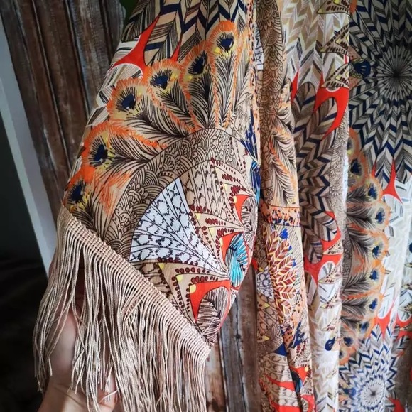 New Boho Mixed Print Kimono Cardigan Robe Jacket w/ Fringe Detail - Picture 7 of 12